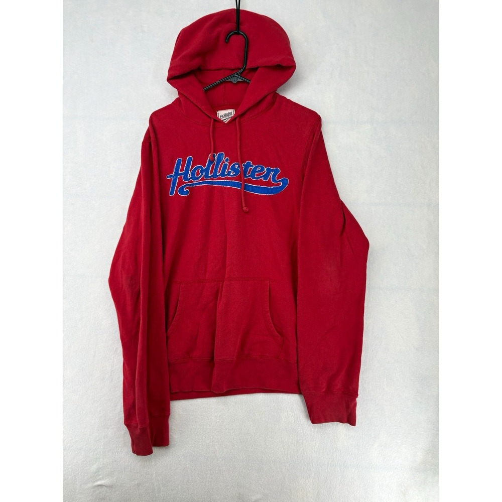 Hollister Y2K Sporty Fleece Mens Pullover Hoodie Red Logo Pockets Size M